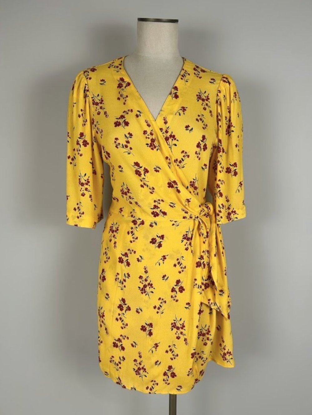 THAKOON COLLECTIVE Yellow & Red Floral Crepe Short Sleeve Wrap Dress Size 8 - Picture 3 of 13